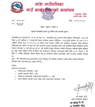 न्युनतम रोजगारीमा सँलग्न हुन निवेदन दिने सम्बन्धी थाक्रे गाउँपालिकाको सुचना