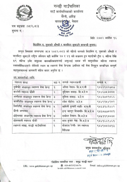 भिटामिन ए, जुकाको औषधी र बालभिटा खुवाउने सम्बन्धी गल्छी गाउँपालिकाको सुचना