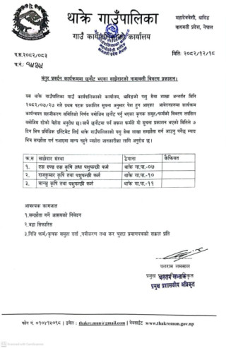 बंगुर प्रवद्र्धन कार्यक्रममा छनौट भएका साझेदारको नामावली विवरण प्रकाशन सम्बन्धी थाक्रे गाउँपालिकाको सूचना